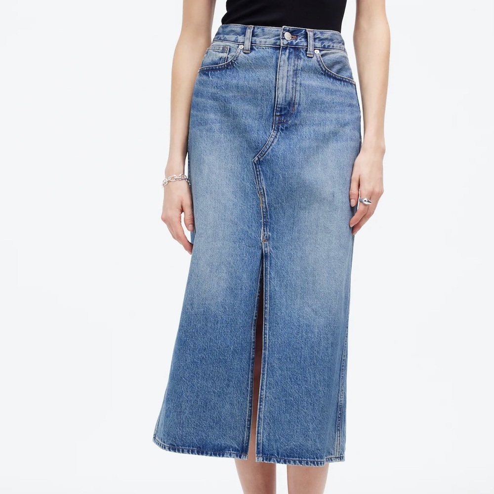 MADEWELL The Rilee Denim Midi Skirt Front Slit Denim Skirt Size 31 NWT